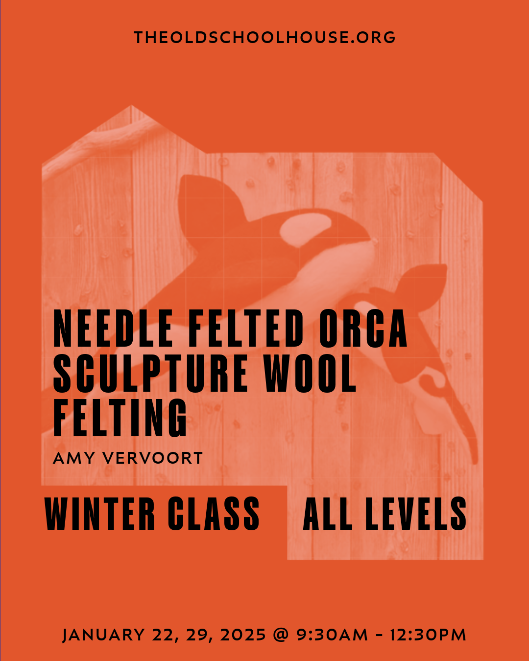 Needle Felted Orca – Sculptural Wool Felting | Amy Vervoort | January 22, 29, 2025 | 9:30am to 12:30pm