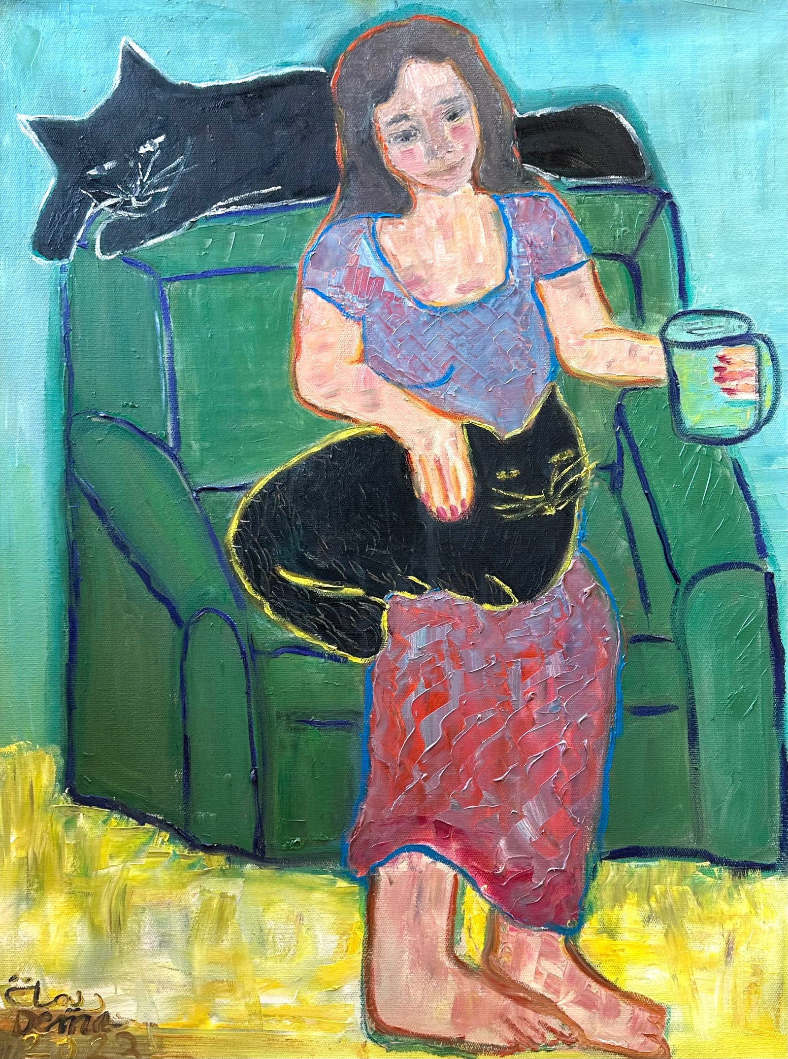 Dema Maksod - painting - Sharing Tea on the Couch with Cats