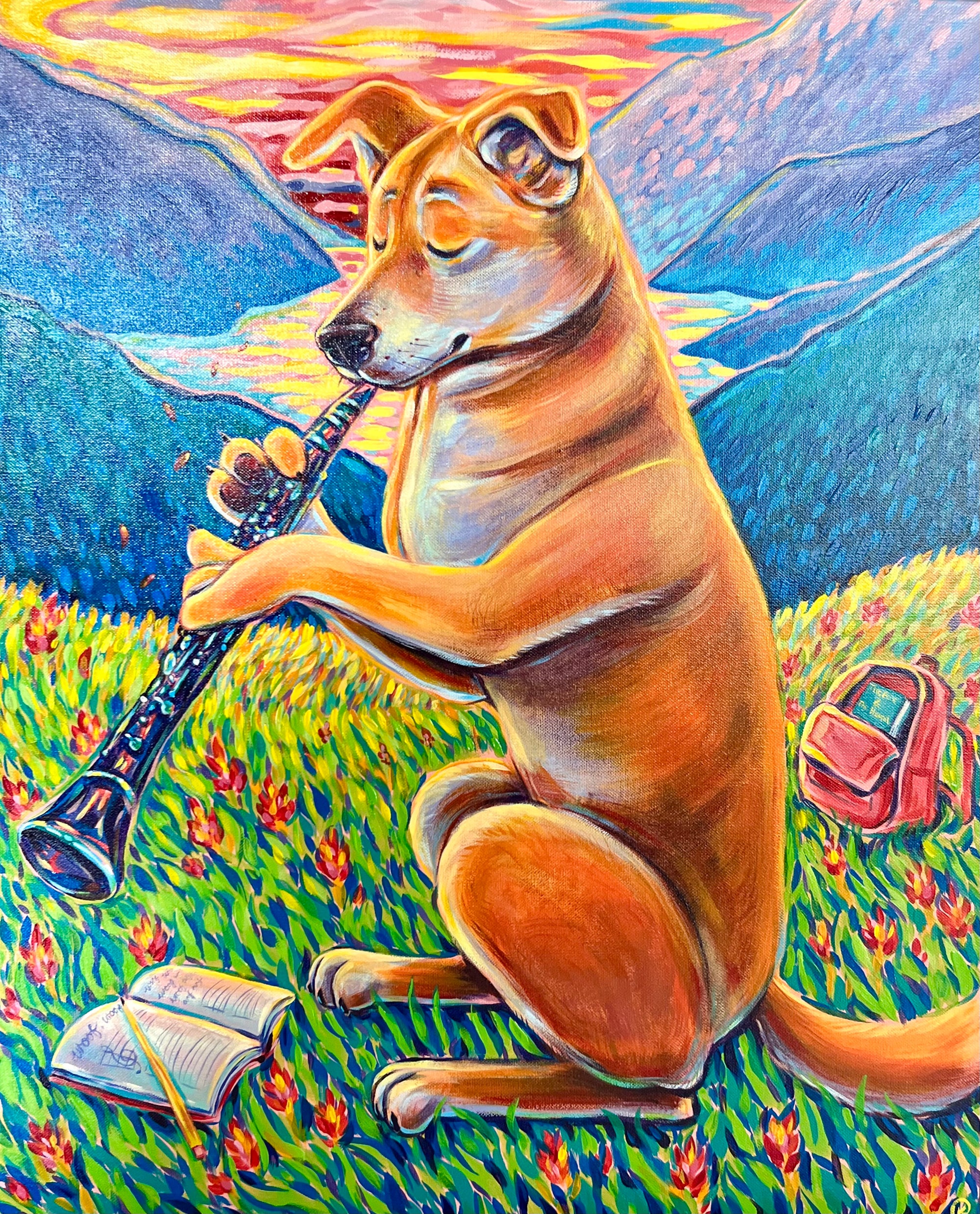 Kat Cearns - painting - Dog Blowing on a Clarinet